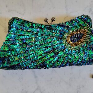 mg Collection Green & Blue Beaded and Sequined Peacock Evening Clutch